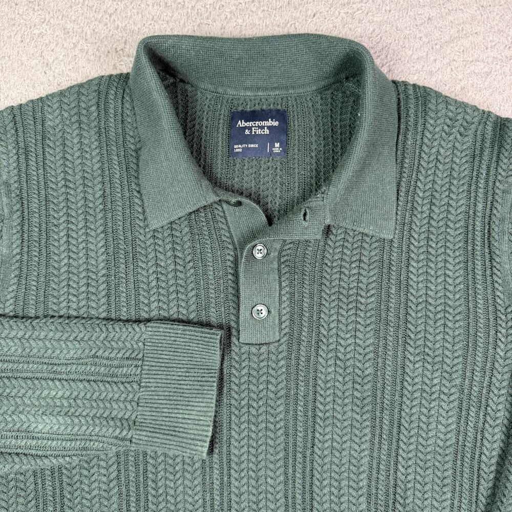 Abercrombie & Fitch Sweater Polo Shirt Mens M Green Jacquard Knit Long Sleeve